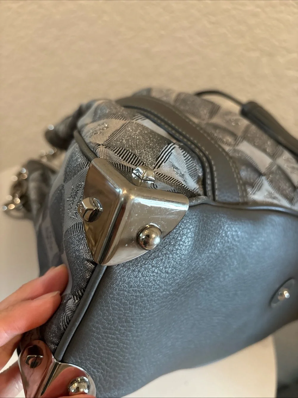 MCM Gray Drawstring Tote Bag with Chain Handle